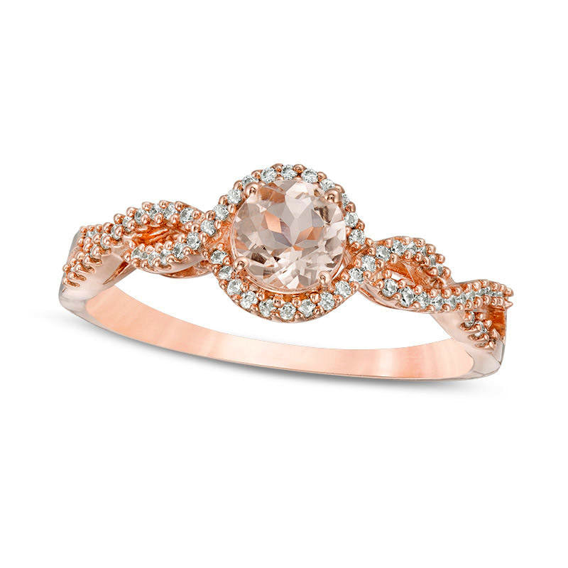 5.0mm Morganite and 0.10 CT. T.W. Natural Diamond Twisted Bypass Frame Engagement Ring in Solid 10K Rose Gold