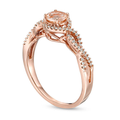 5.0mm Morganite and 0.10 CT. T.W. Natural Diamond Twisted Bypass Frame Engagement Ring in Solid 10K Rose Gold