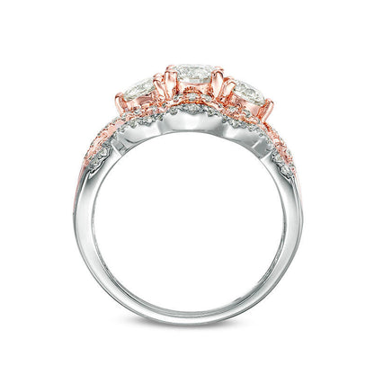 1.5 CT. T.W. Natural Diamond Three Stone Scallop Bypass Twist Engagement Ring in Solid 10K Two-Tone Gold
