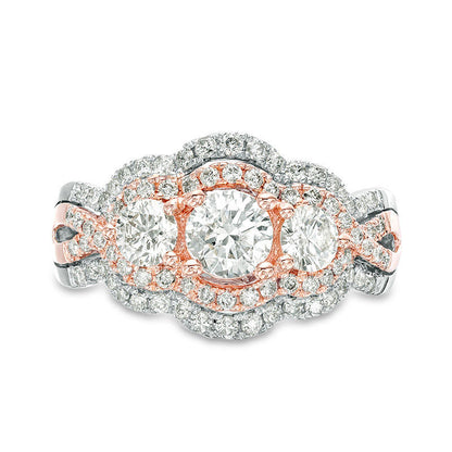 1.5 CT. T.W. Natural Diamond Three Stone Scallop Bypass Twist Engagement Ring in Solid 10K Two-Tone Gold