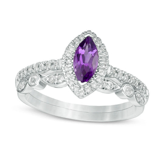 Marquise Amethyst and Lab-Created White Sapphire Frame Antique Vintage-Style Bridal Engagement Ring Set in Solid 10K White Gold