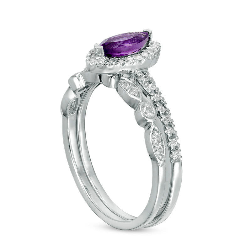 Marquise Amethyst and Lab-Created White Sapphire Frame Antique Vintage-Style Bridal Engagement Ring Set in Solid 10K White Gold