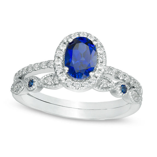 Oval Lab-Created Blue and White Sapphire Frame Antique Vintage-Style Bridal Engagement Ring Set in Solid 10K White Gold