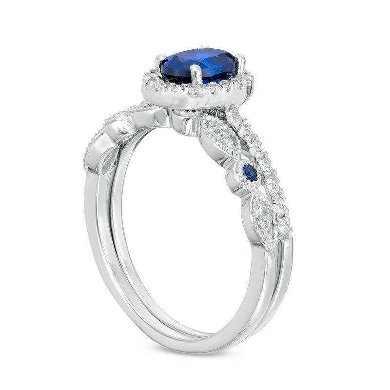 Oval Lab-Created Blue and White Sapphire Frame Antique Vintage-Style Bridal Engagement Ring Set in Solid 10K White Gold