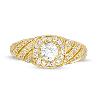 1.0 CT. T.W. Natural Diamond Cushion Frame Spiral Shank Antique Vintage-Style Engagement Ring in Solid 10K Yellow Gold