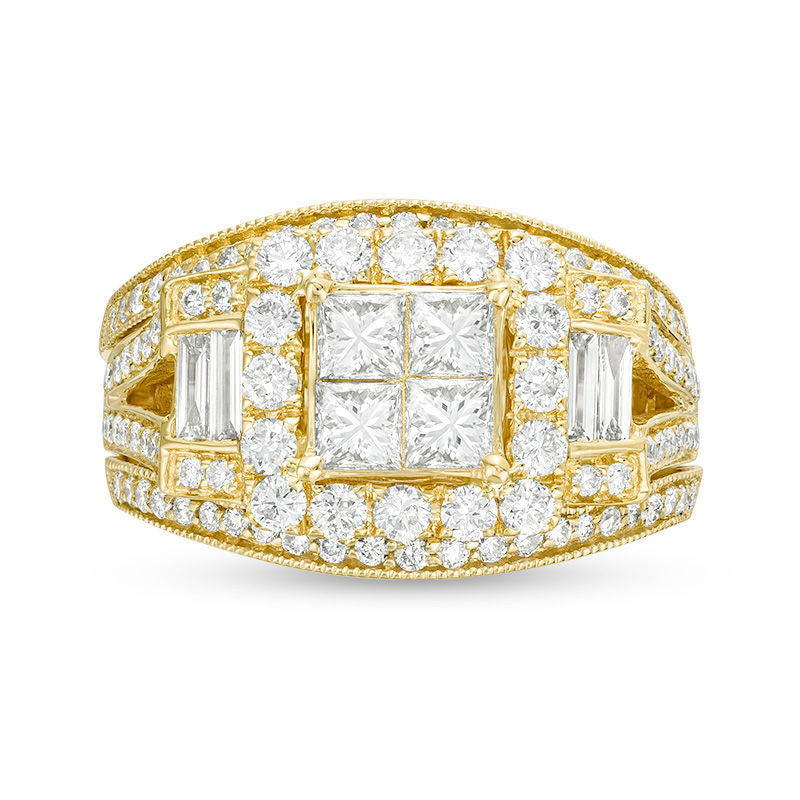 1.5 CT. T.W. Quad Princess-Cut Natural Diamond Frame Collar Antique Vintage-Style Bridal Engagement Ring Set in Solid 10K Yellow Gold