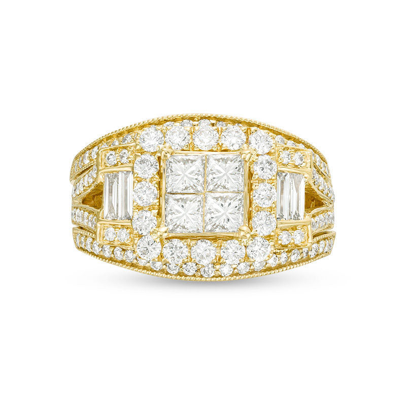 1.5 CT. T.W. Quad Princess-Cut Natural Diamond Frame Collar Antique Vintage-Style Bridal Engagement Ring Set in Solid 10K Yellow Gold