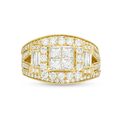 1.5 CT. T.W. Quad Princess-Cut Natural Diamond Frame Collar Antique Vintage-Style Bridal Engagement Ring Set in Solid 10K Yellow Gold