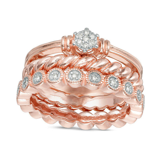 0.10 CT. T.W. Natural Diamond Antique Vintage-Style Three Piece Stackable Band Set in Sterling Silver with Solid 18K Rose Gold Plate