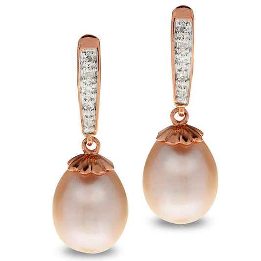 8.0 - 8.5mm Oval Pink Cultured Freshwater Pearl and 0.05 CT. T.W. Diamond Drop Earrings in 14K Rose Gold