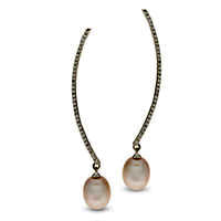 8.0 - 8.5mm Oval Cultured Freshwater Pearl and White Topaz Curved Drop Earrings in Sterling Silver