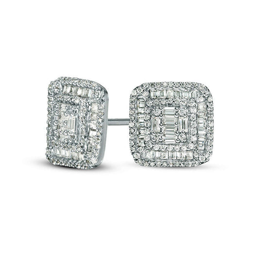 1 CT. T.W. Composite Diamond Cushion Frame Stud Earrings in 14K White Gold