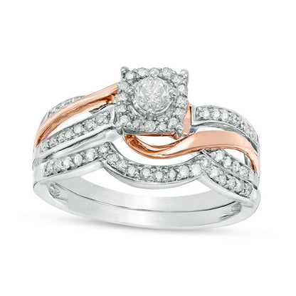 0.50 CT. T.W. Natural Diamond Square Frame Bypass Bridal Engagement Ring Set in Solid 10K Two-Tone Gold