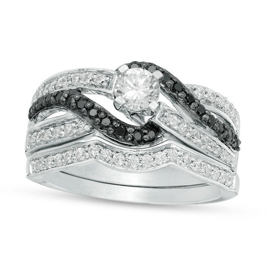0.88 CT. T.W. Enhanced Black and White Natural Diamond Bypass Bridal Engagement Ring Set in Sterling Silver