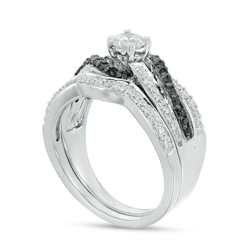 0.88 CT. T.W. Enhanced Black and White Natural Diamond Bypass Bridal Engagement Ring Set in Sterling Silver