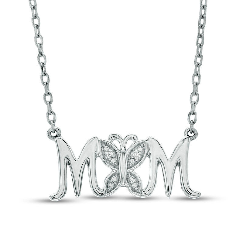 Natural Diamond Accent Butterfly "MOM" Necklace in Sterling Silver - 16"