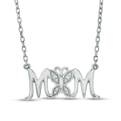 Natural Diamond Accent Butterfly "MOM" Necklace in Sterling Silver - 16"