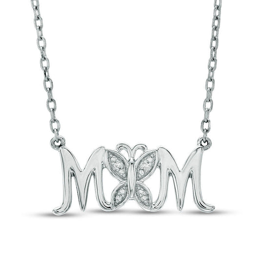 Natural Diamond Accent Butterfly "MOM" Necklace in Sterling Silver - 16"