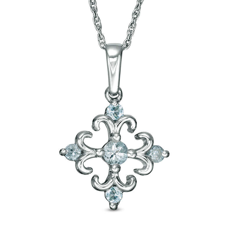 Aquamarine Square Fleur-de-Lis Pendant in Sterling Silver