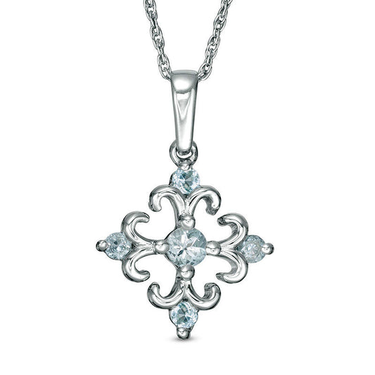 Aquamarine Square Fleur-de-Lis Pendant in Sterling Silver