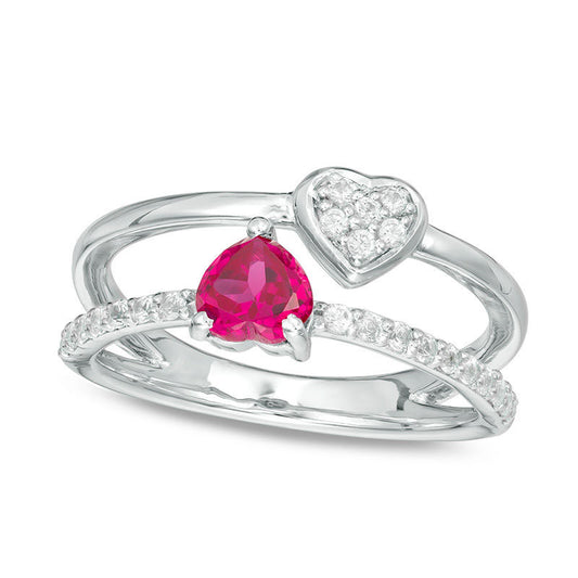 5.0mm Heart-Shaped Lab-Created Ruby and White Sapphire Split Shank Orbit Ring in Sterling Silver