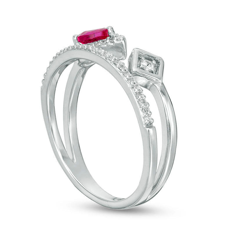 Pear-Shaped Lab-Created Ruby, White Sapphire and 0.13 CT. T.W. Diamond Split Shank Ring