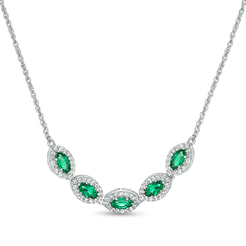 Marquise Lab-Created Emerald and White Sapphire Frame Five Stone Necklace in Sterling Silver