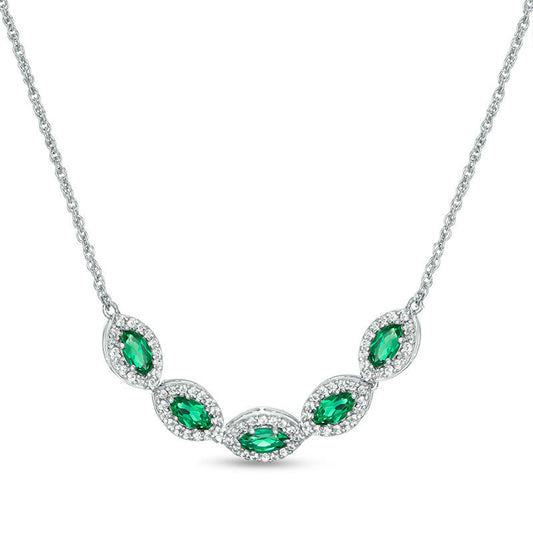 Marquise Lab-Created Emerald and White Sapphire Frame Five Stone Necklace in Sterling Silver
