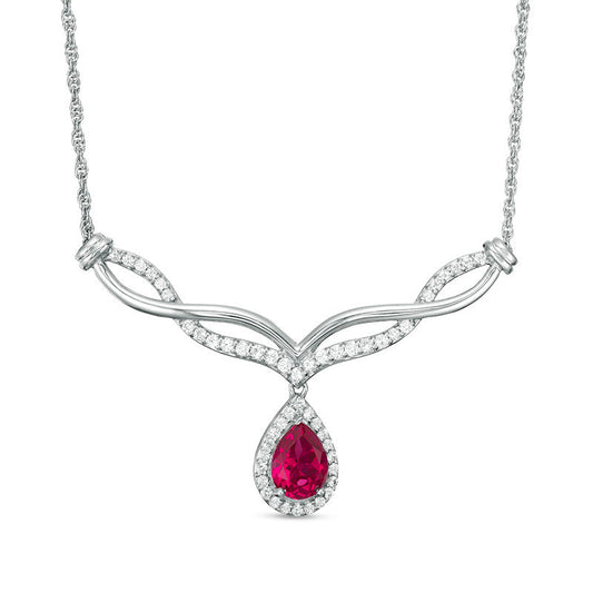 Pear-Shaped Lab-Created Ruby and White Sapphire Braided Chevron Necklace in Sterling Silver