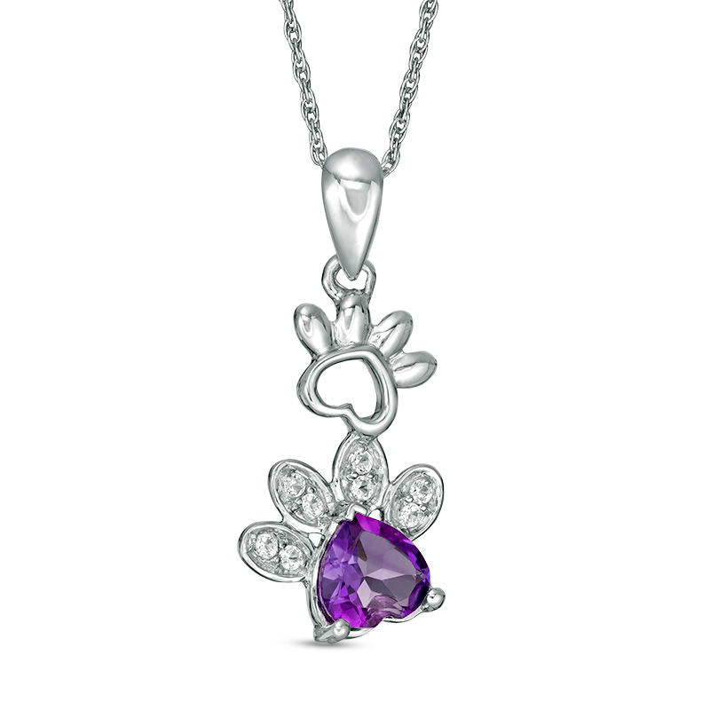 6.0mm Heart-Shaped Amethyst and Lab-Created White Sapphire Paw Prints Pendant in Sterling Silver