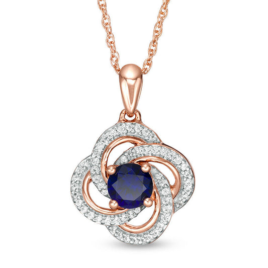 5.0mm Lab-Created Blue Sapphire and 0.17 CT. T.W. Diamond Flower Swirl Frame Pendant in 10K Rose Gold