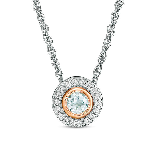 Aquamarine and 0.1 CT. T.W. Natural Diamond Frame Pendant in Sterling Silver and 10K Rose Gold