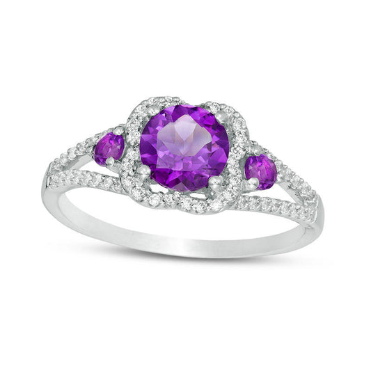 6.0mm Amethyst and 0.20 CT. T.W. Natural Diamond Scallop Frame Ring in Sterling Silver