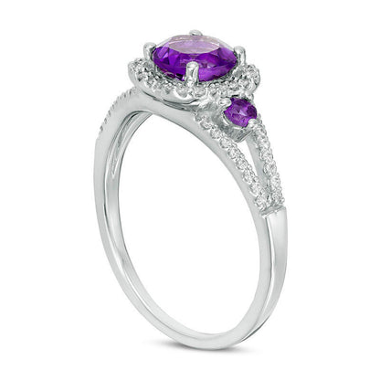 6.0mm Amethyst and 0.20 CT. T.W. Natural Diamond Scallop Frame Ring in Sterling Silver