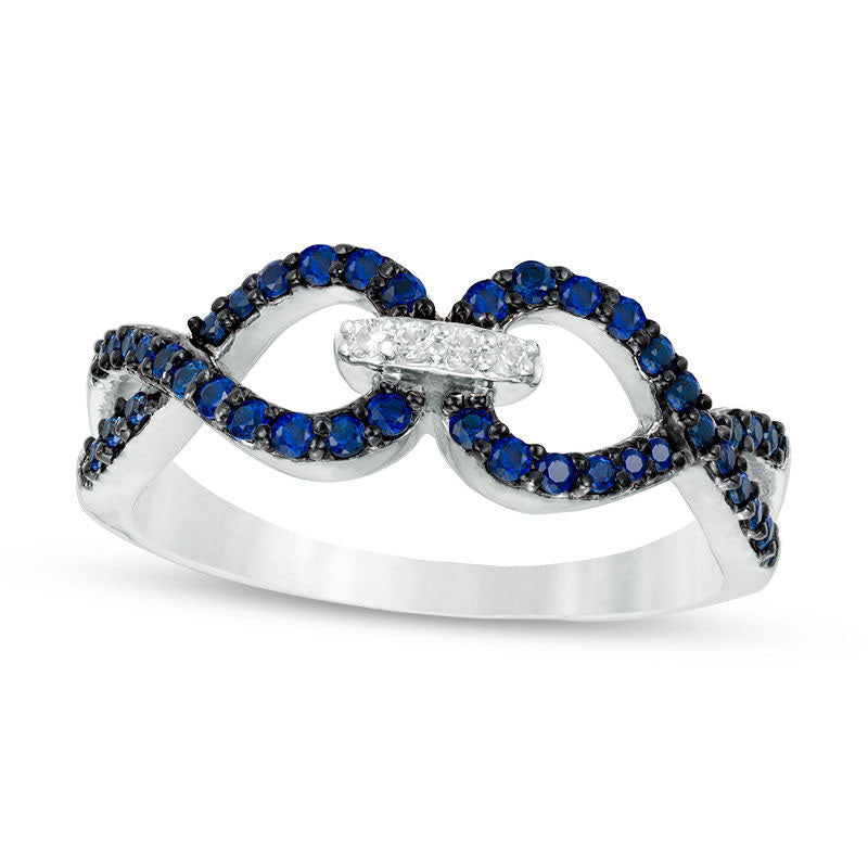 Lab-Created Blue and White Sapphire Interlocking Ring in Sterling Silver
