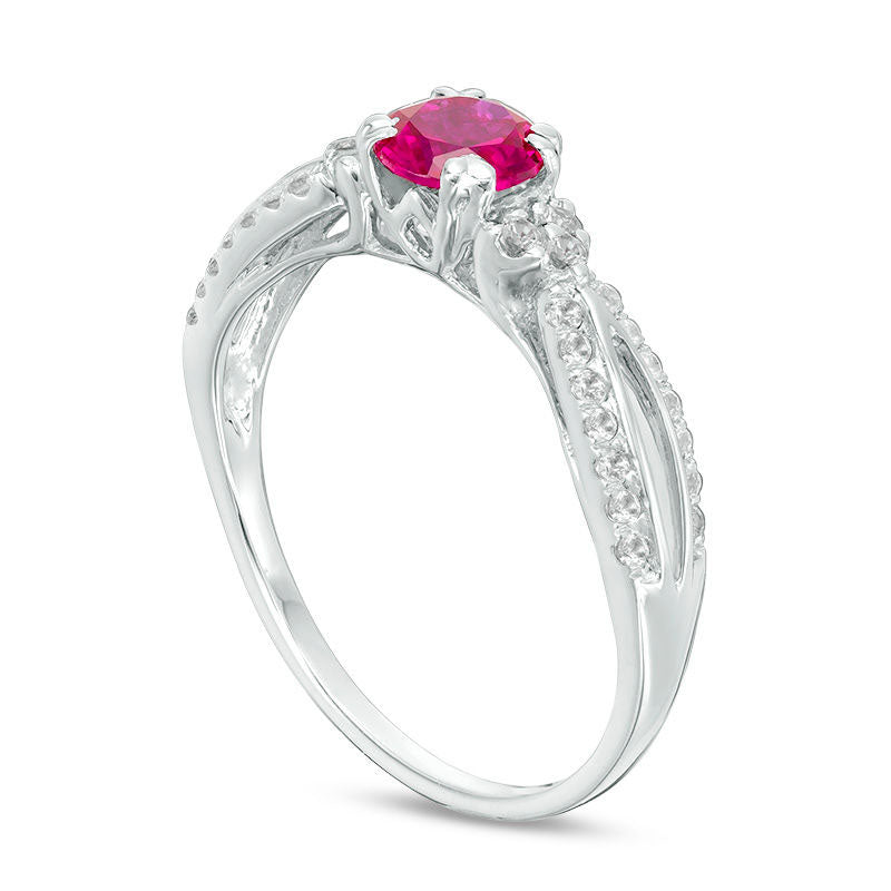 5.0mm Lab-Created Ruby and White Sapphire Tri-Sides Split Shank Ring in Sterling Silver