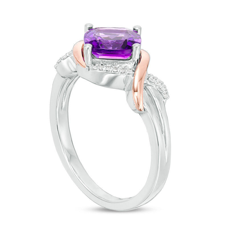 7.0mm Cushion-Cut Amethyst and 0.040.04 CT. T.W. Natural Diamond Overlay Frame Ring in Sterling Silver and Solid 10K Rose Gold