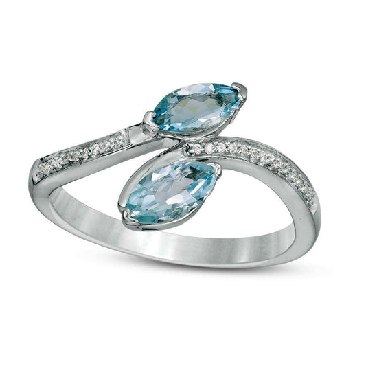 Marquise Aquamarine and 0.040.04 CT. T.W. Natural Diamond Bypass Ring in Sterling Silver