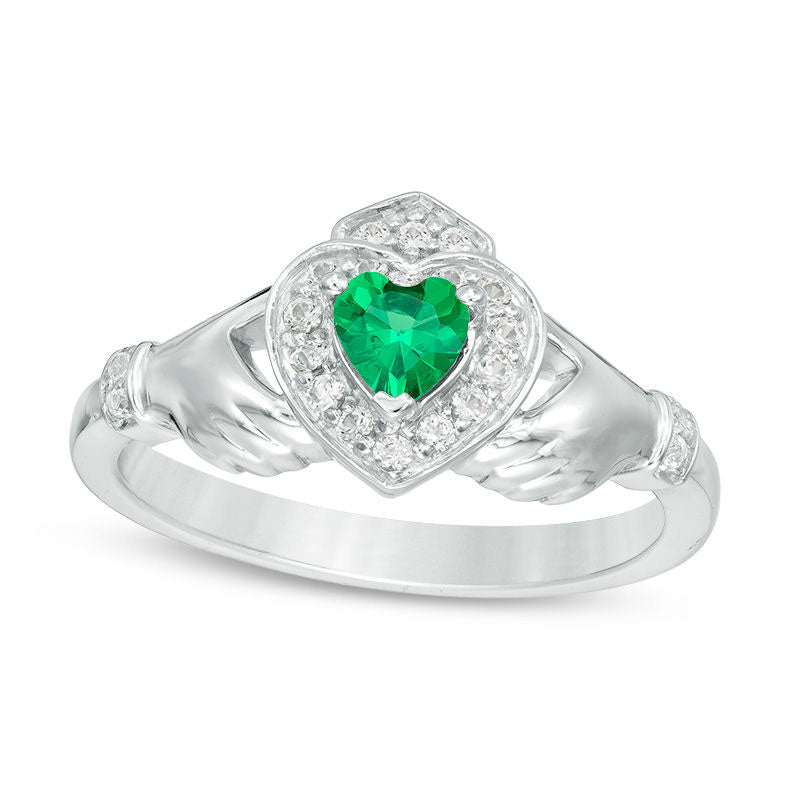 4.0mm Heart-Shaped Lab-Created Emerald and White Sapphire Claddagh Ring in Sterling Silver