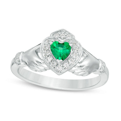 4.0mm Heart-Shaped Lab-Created Emerald and White Sapphire Claddagh Ring in Sterling Silver
