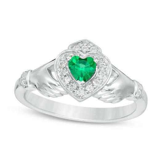4.0mm Heart-Shaped Lab-Created Emerald and White Sapphire Claddagh Ring in Sterling Silver