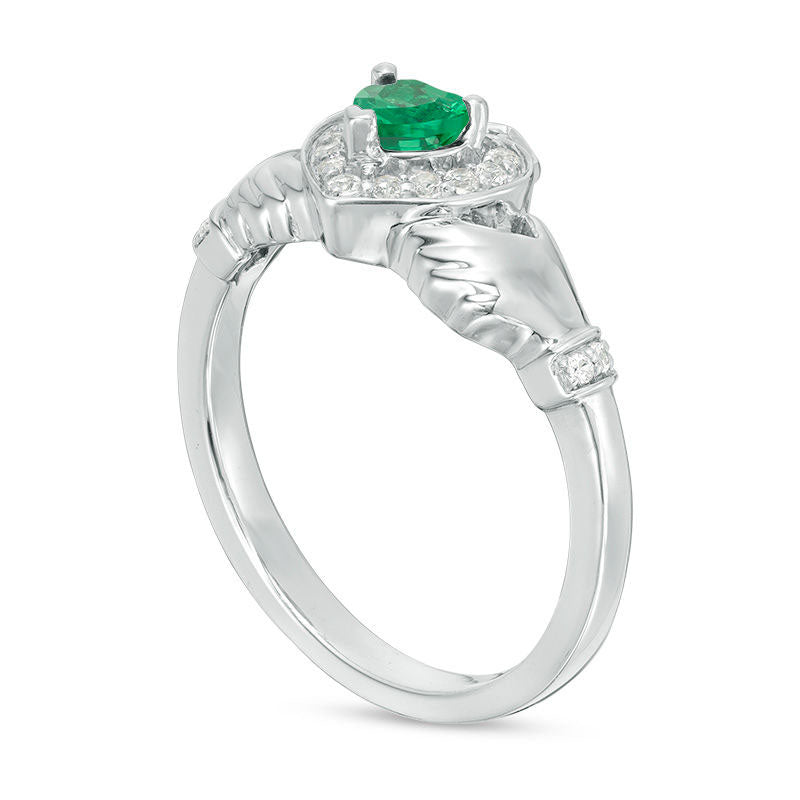 4.0mm Heart-Shaped Lab-Created Emerald and White Sapphire Claddagh Ring in Sterling Silver