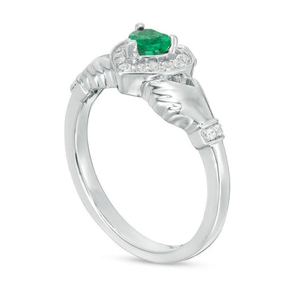 4.0mm Heart-Shaped Lab-Created Emerald and White Sapphire Claddagh Ring in Sterling Silver
