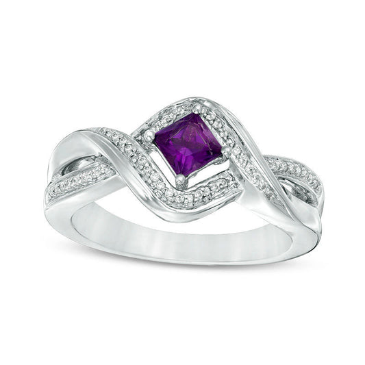 4.0mm Princess-Cut Amethyst and 0.10 CT. T.W. Natural Diamond Split Shank Ring in Sterling Silver