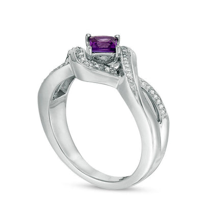 4.0mm Princess-Cut Amethyst and 0.10 CT. T.W. Natural Diamond Split Shank Ring in Sterling Silver