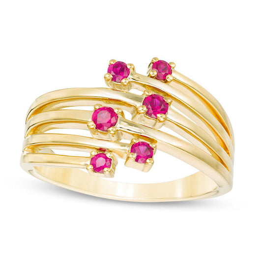 Lab-Created Ruby Zig-Zag Orbit Ring in Sterling Silver with Solid 14K Gold Plate