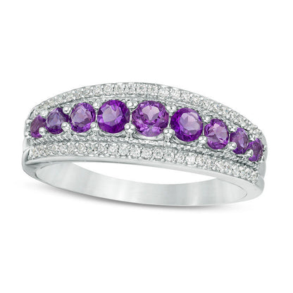 Amethyst and 0.17 CT. T.W. Natural Diamond Nine Stone Antique Vintage-Style Ring in Sterling Silver