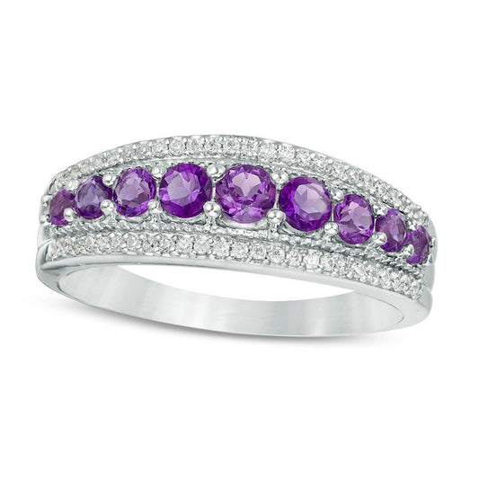 Amethyst and 0.17 CT. T.W. Natural Diamond Nine Stone Antique Vintage-Style Ring in Sterling Silver