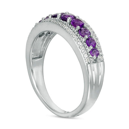 Amethyst and 0.17 CT. T.W. Natural Diamond Nine Stone Antique Vintage-Style Ring in Sterling Silver