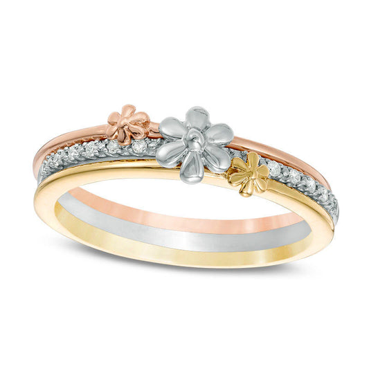 0.05 CT. T.W. Natural Diamond Flower Three Piece Stackable Band Set in Solid 10K Tri-Tone Gold